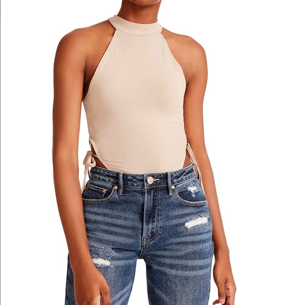 Madden Girl Bodysuit High Cut Mock Neck Taupe Tan Women’s Size Large or XL